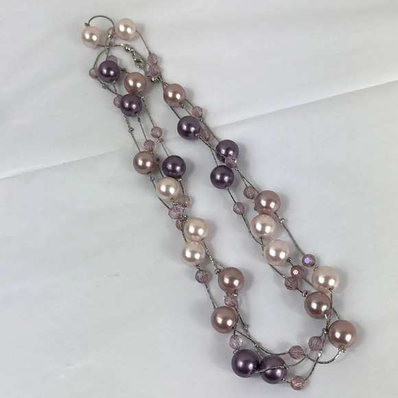 Faux Pearl Rhinestone Necklace Purple & Champagne On Silver Tone Chain - Picture 2 of 16